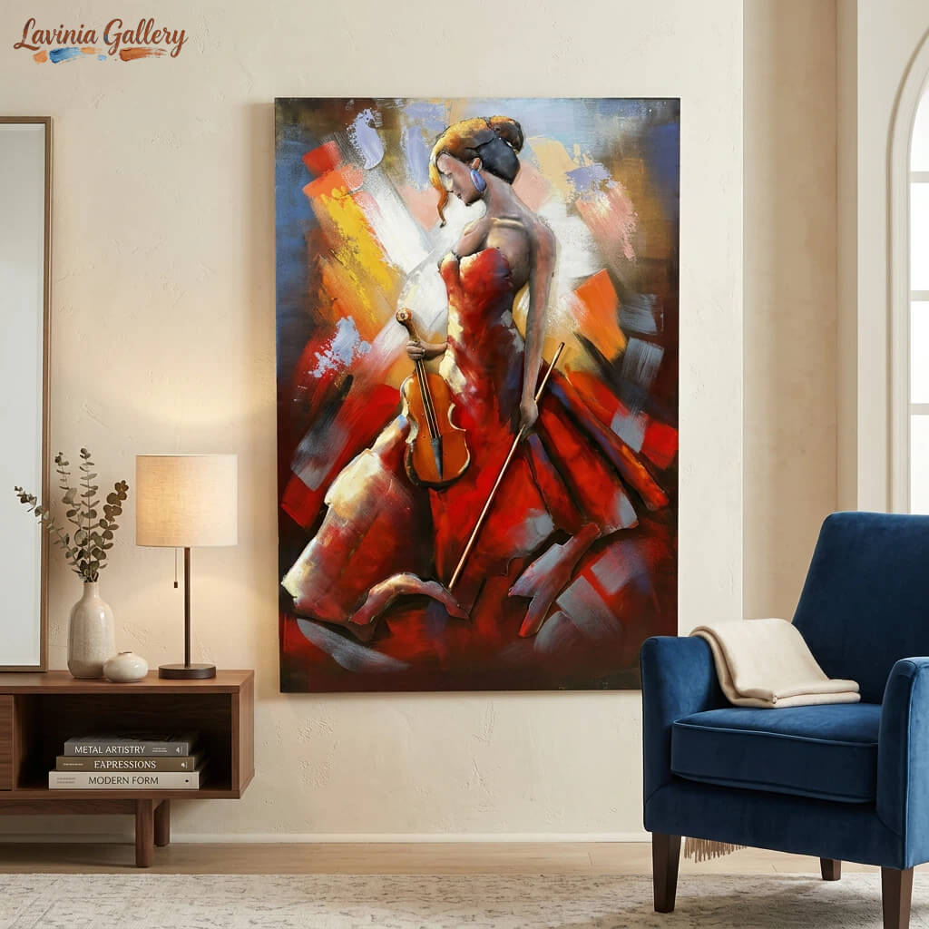 Handcrafted Elegant Woman with Cello 3D Metal Wall Art for Home & Office Decor
