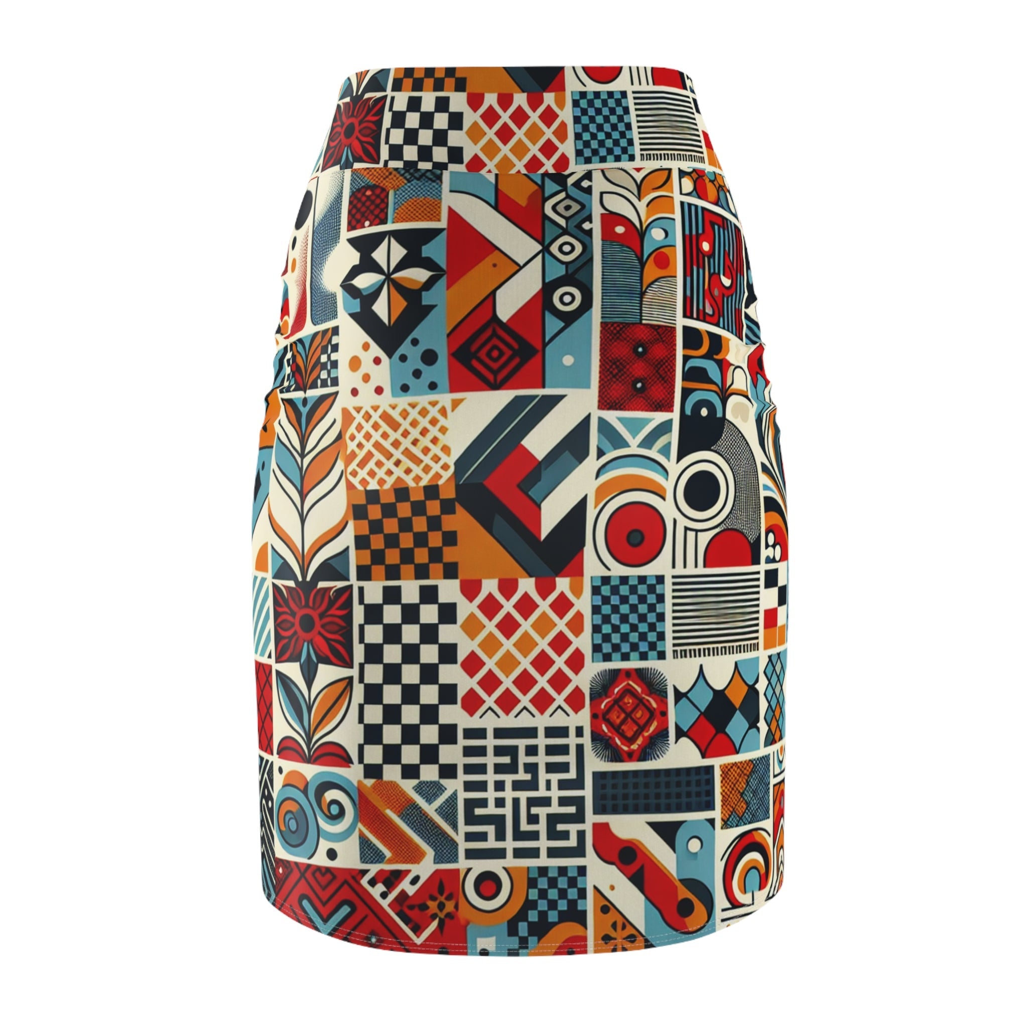 Elara Stirling - Vibrant Red Checkerboard Pencil Skirt with Organic Shapes and Quality Comfort