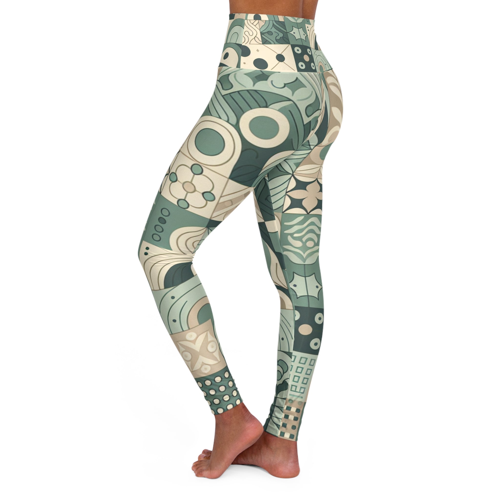 High-Waist Yoga Leggings with Elegant Block Prints in Pastel Green - Dazzling Dreams Studio