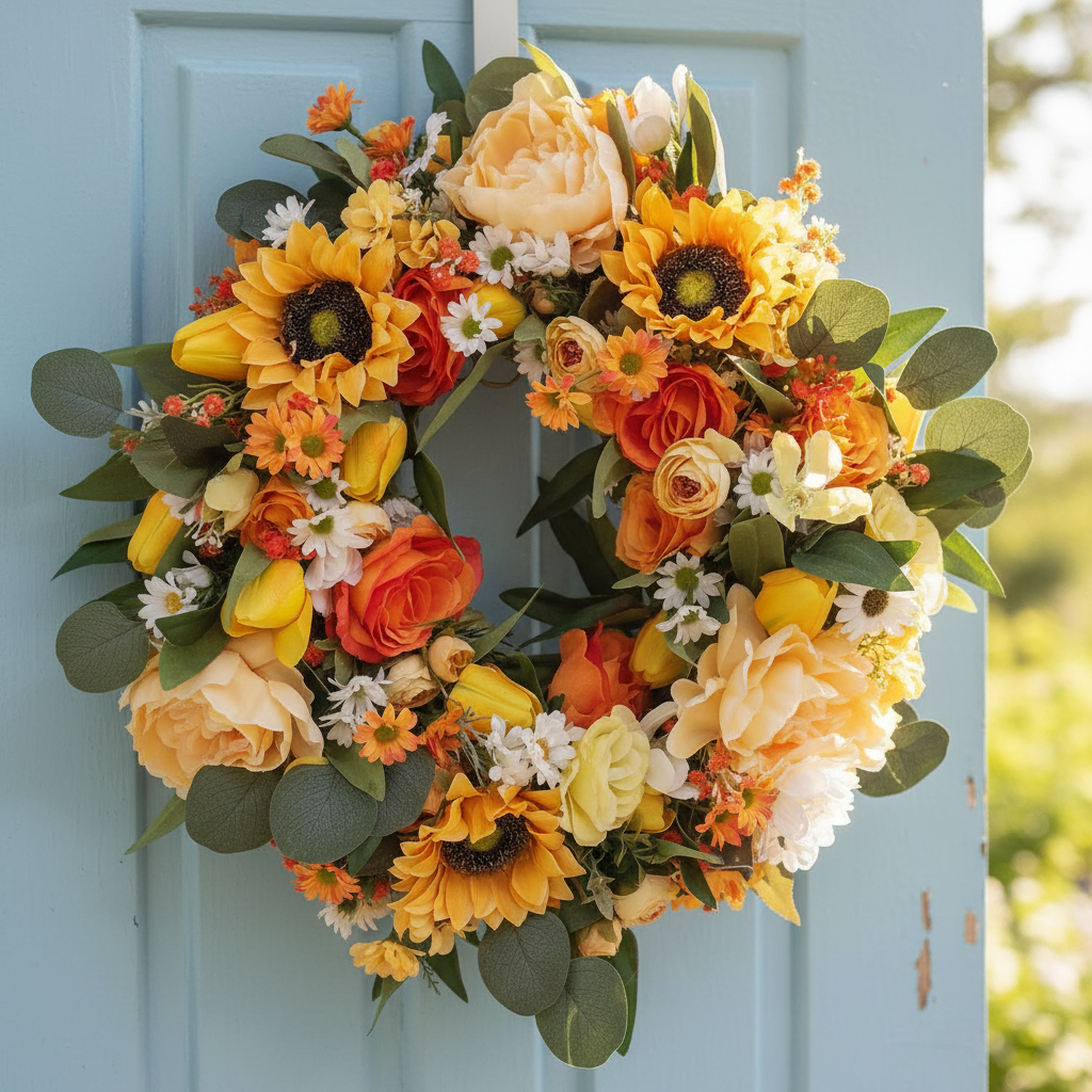 17 Inch Sunflower Wreath - 35cm base, 50cm overall with flowers - Zestio