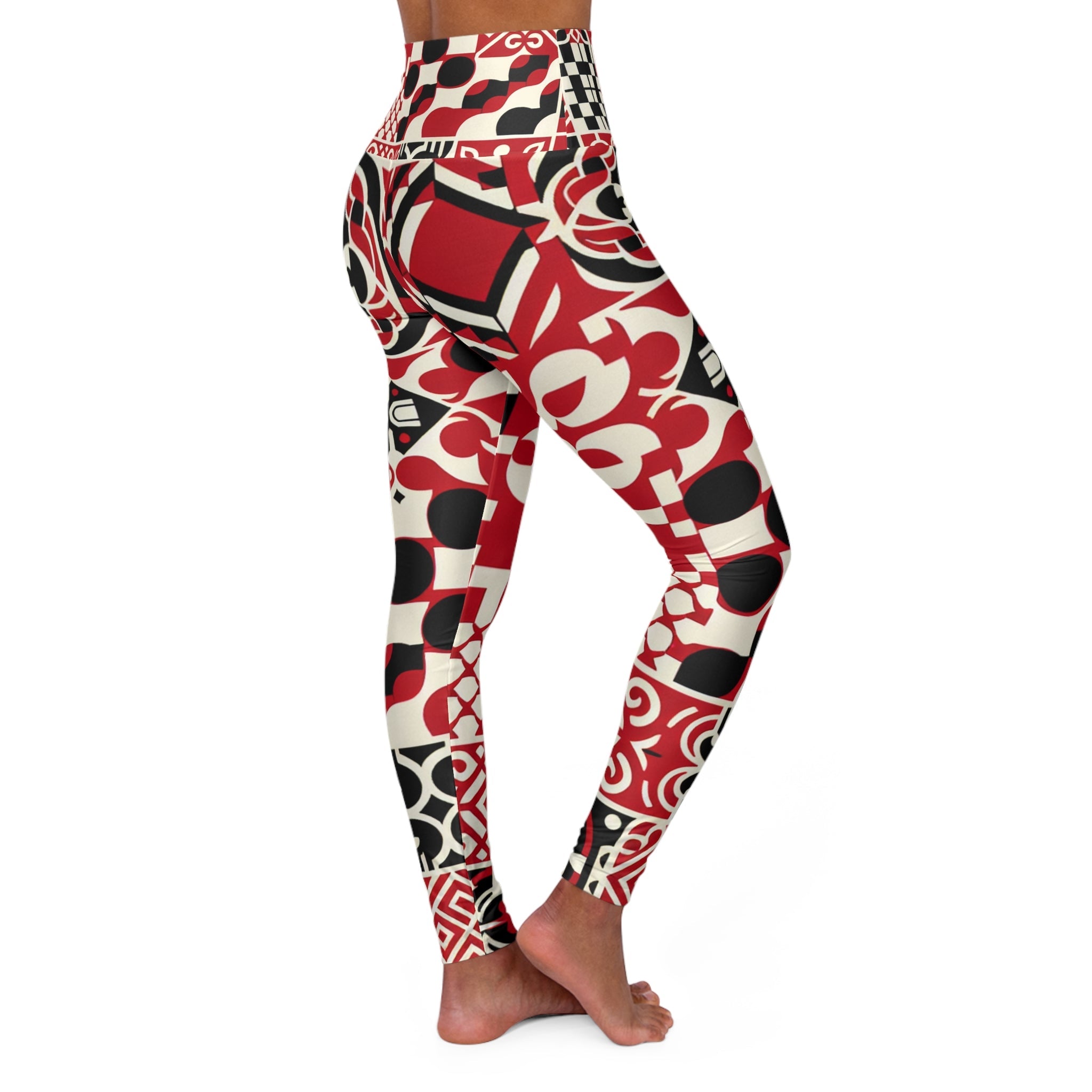 High-Waisted Red Checkerboard Yoga Leggings with Modern Block Print Design