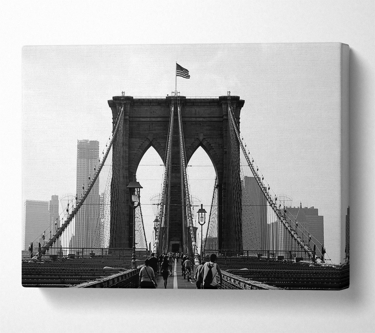 Cycling To The City Through Brooklyn Bridge Canvas Wall Art