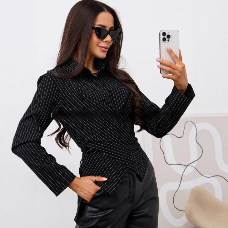 Women's Designer-style Shirt With A Turn-down Collar Slanted Front Placket And A Fitted Waist