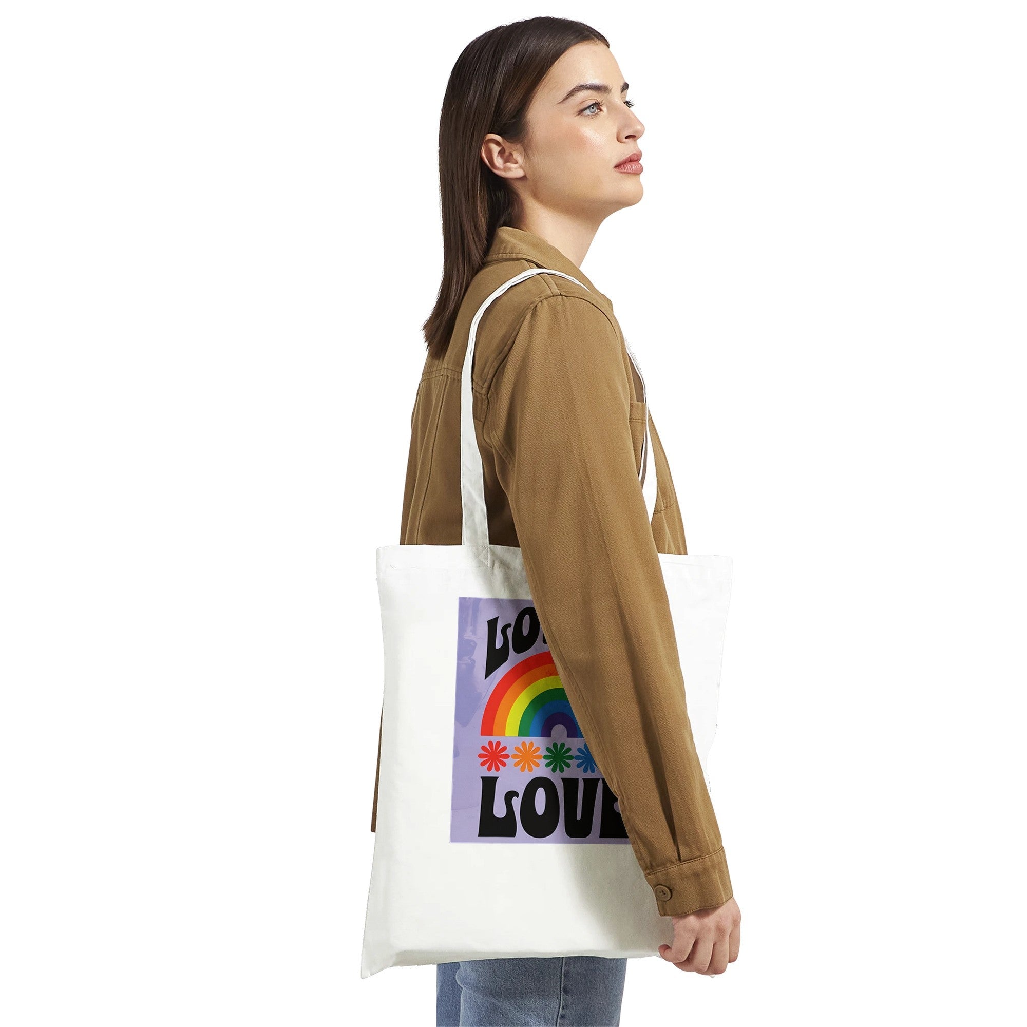 Love Is Love Tote Bag – LGBTQ+ Pride Rainbow Shopper Bag - Eco-Friendly Reusable Cotton Tote with Retro 70s Style Design