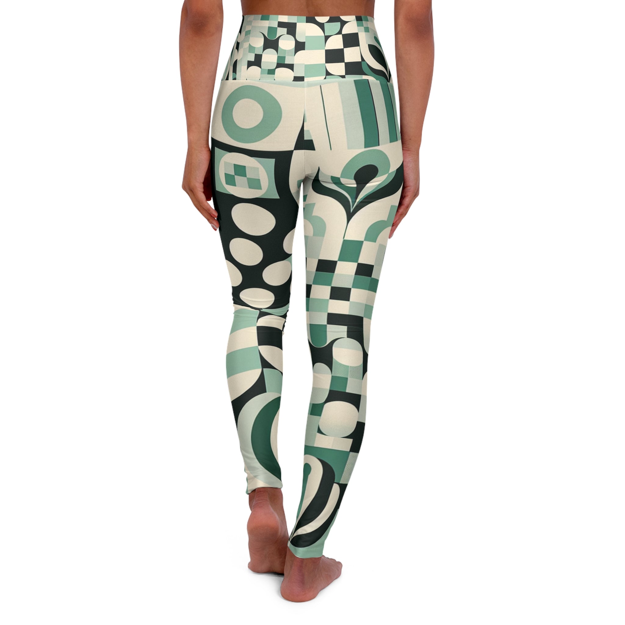 Daria Bellucci Pastel Green Modern Pattern High-Waisted Leggings with Checkerboard Print