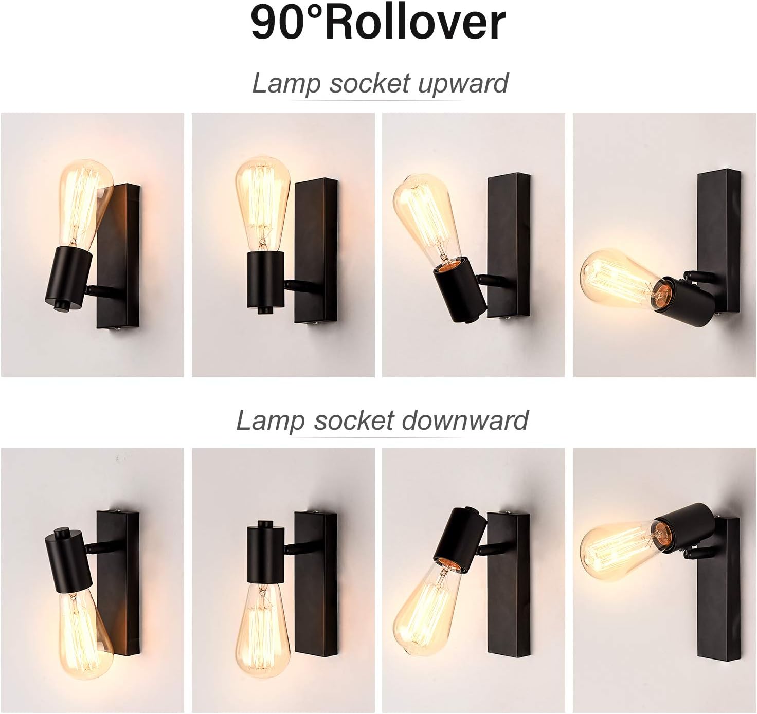 Industrial Wall Lights 2 Pack Rotatable E27 Rustic Wall Sconce Black Lightess