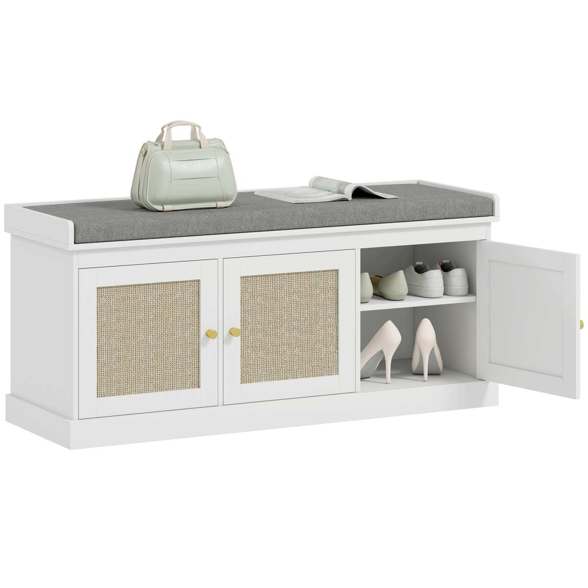 HOMCOM Shoe Storage Bench with Rattan Doors, Cushion, Entryway Shoe Bench