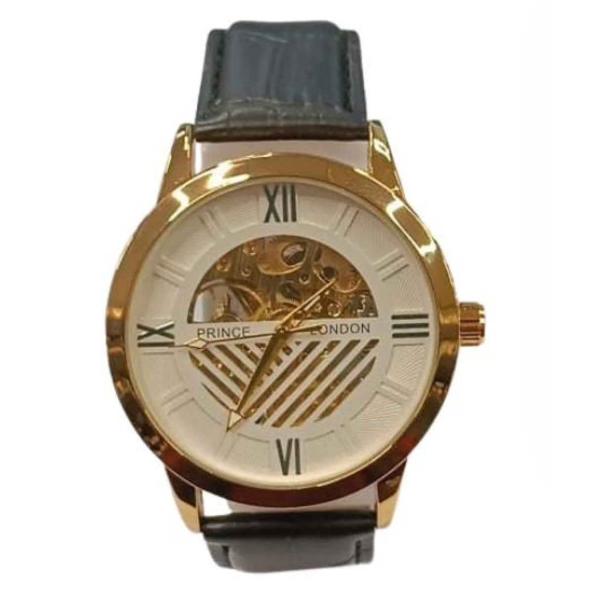 NY London Mens Automatic Dial Analogue Gold/White with Black Leather Strap Watch
