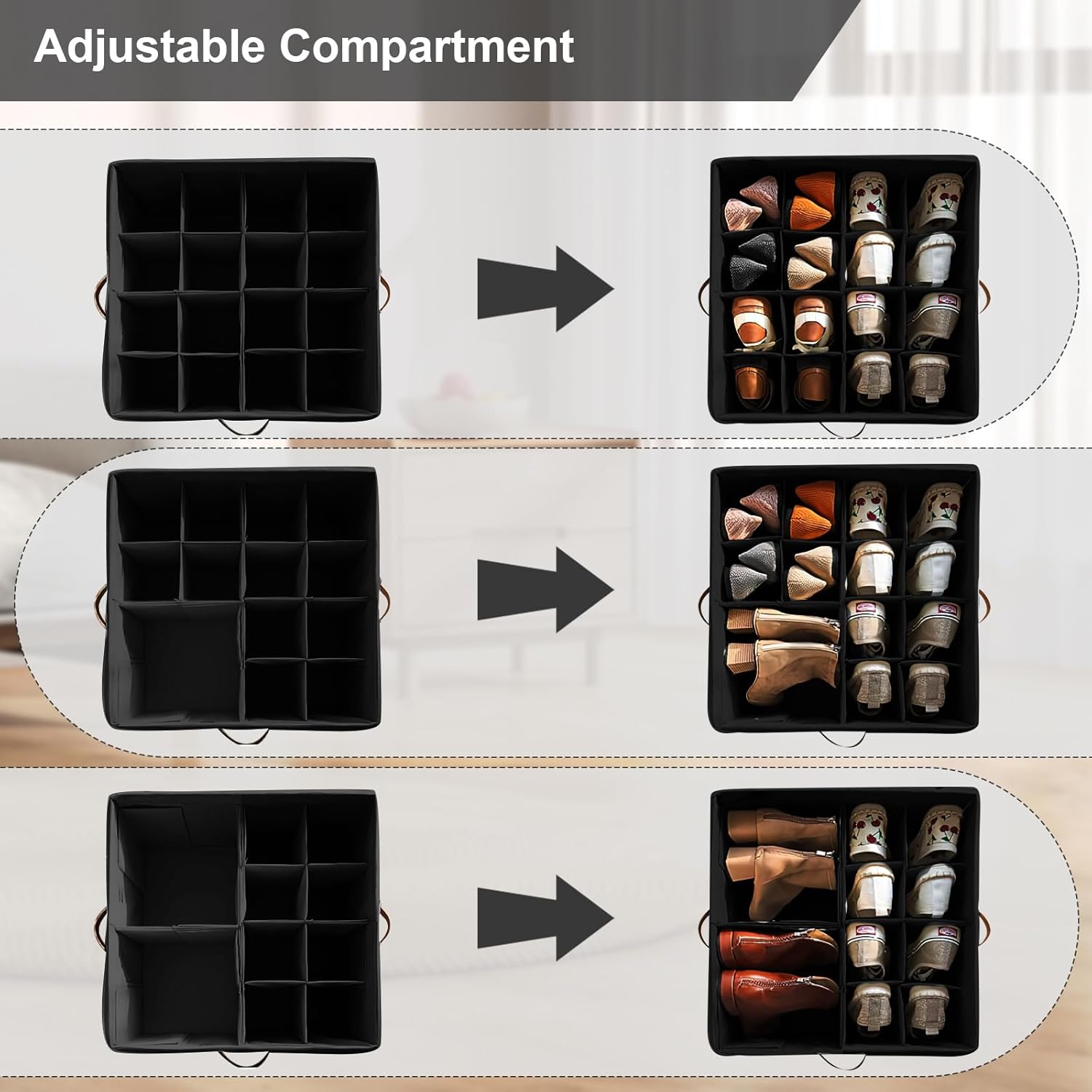Shoe Organizer 16 Grid Adjustable with Clear Dust Cover Foldable Storage Hiyorsoa