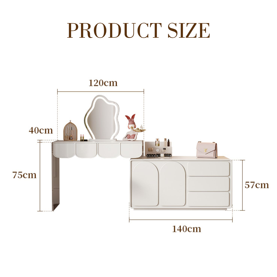 Zenith Dressing Table With Sideboard & LED Mirror, Cream