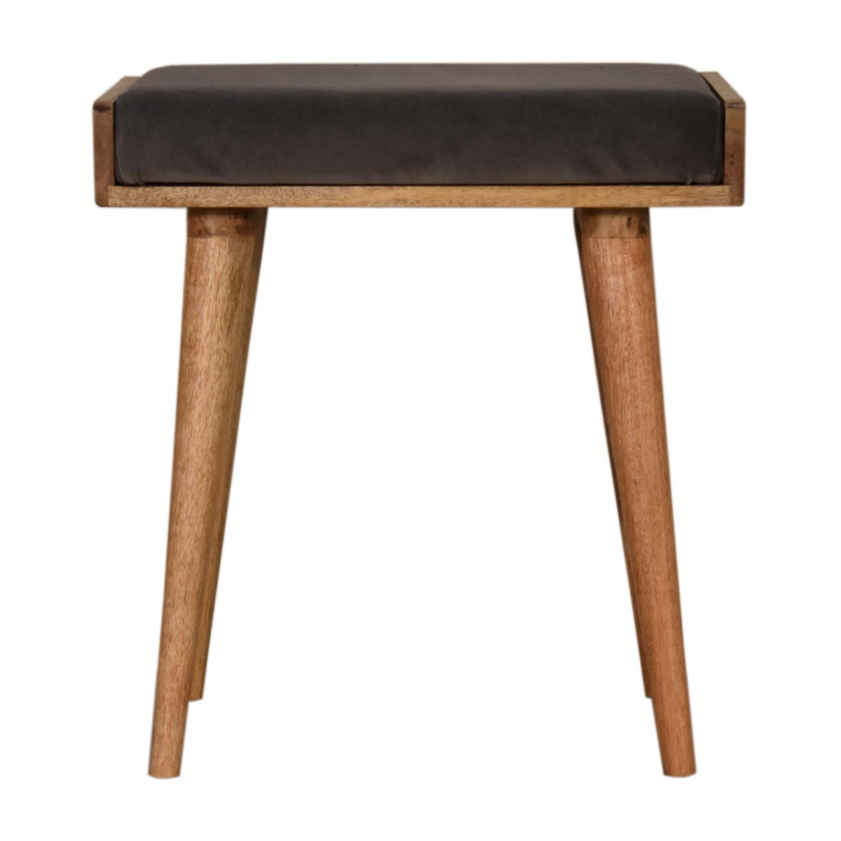 Artisan Furniture Solid Mango Wood Grey Velvet Tray Style Footstool