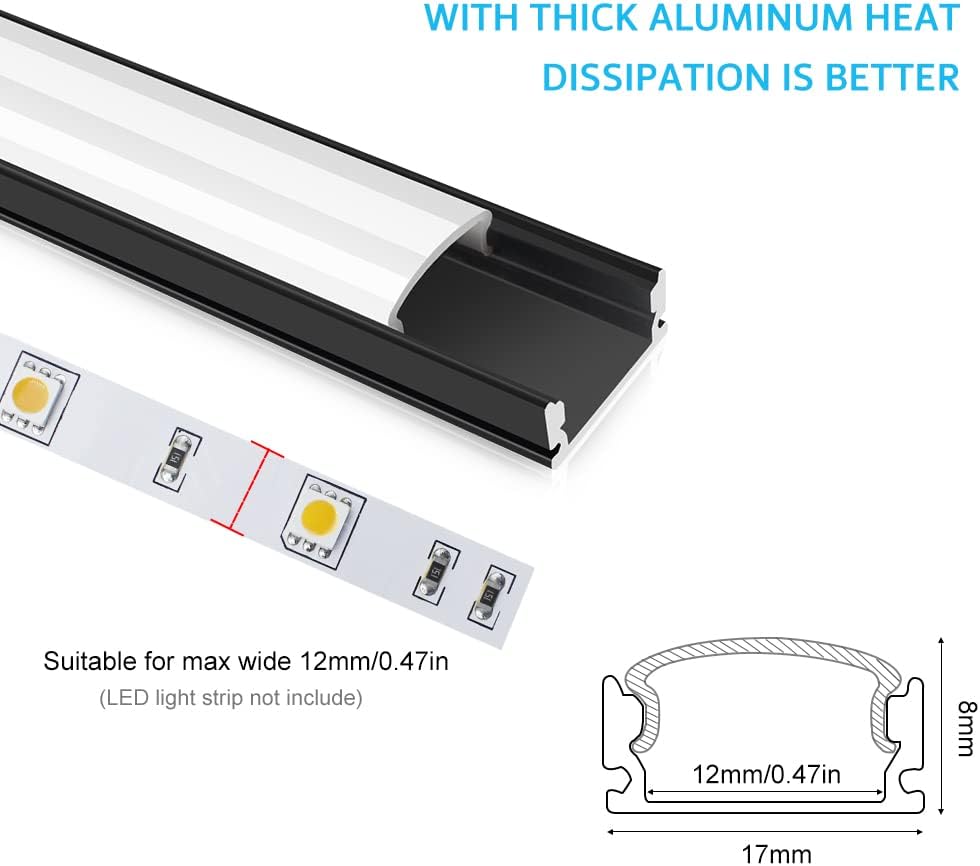 LightingWill 5-Pack LED Aluminum Channel, 3.3ft U-Shape, Black with Accessories