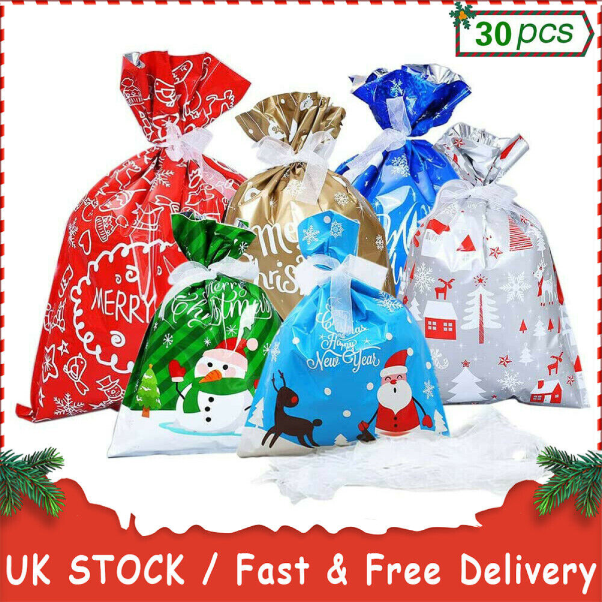 30pcs Christmas Gift Bags Santa Printed Packaging Xmas Treat Foil Drawstring Bag