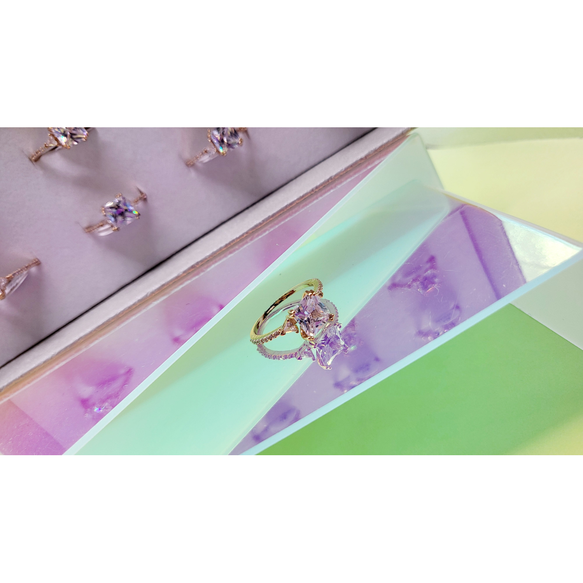 Princess Cut Crystal Gold Ring Box set of 12