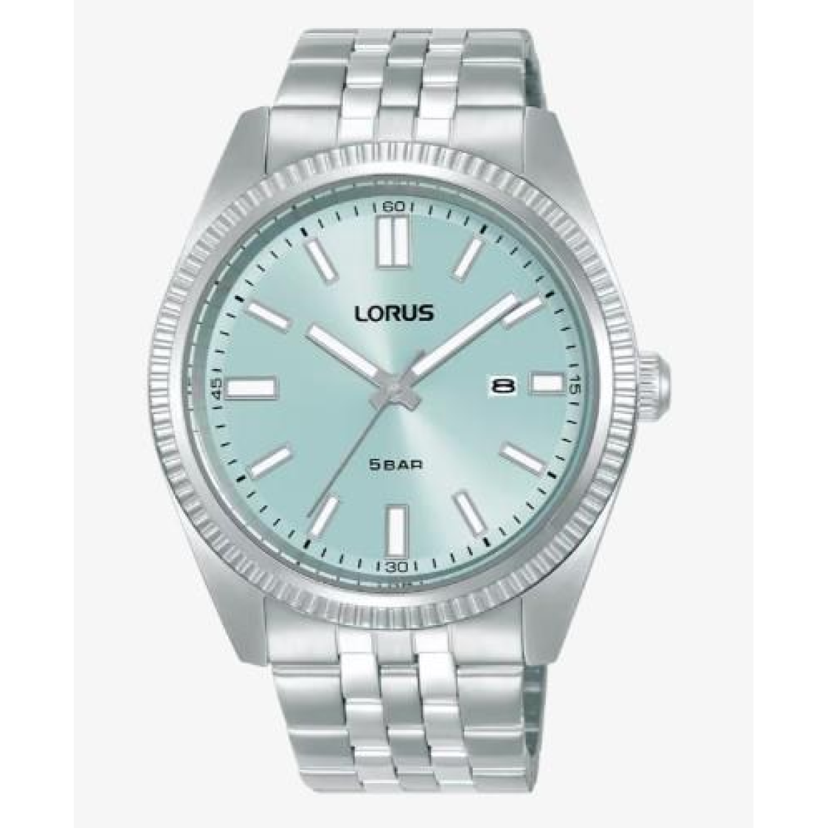 Lorus Mens Sports Date 42mm Light Blue Sunray Dial With Stainless Steel Bracelet Watch