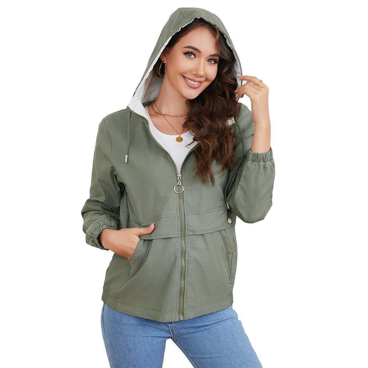 New Hooded Solid Color Trench Coat For Women