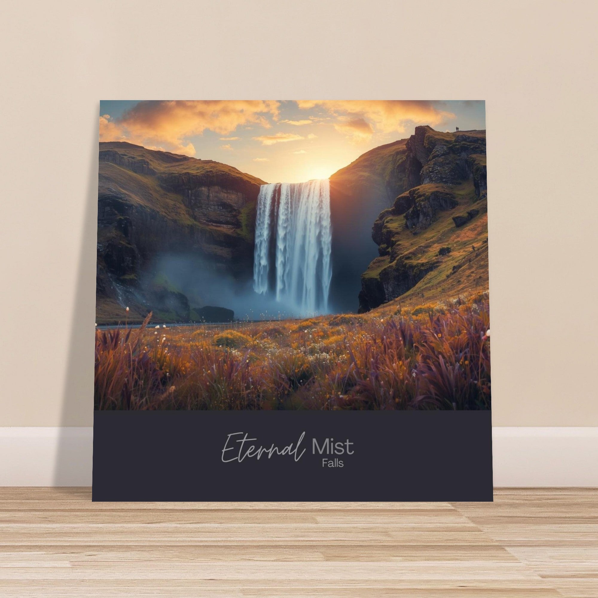 Eternal Mist Waterfall Poster | Sunset Landscape Wall Art | Modern Nature Decor