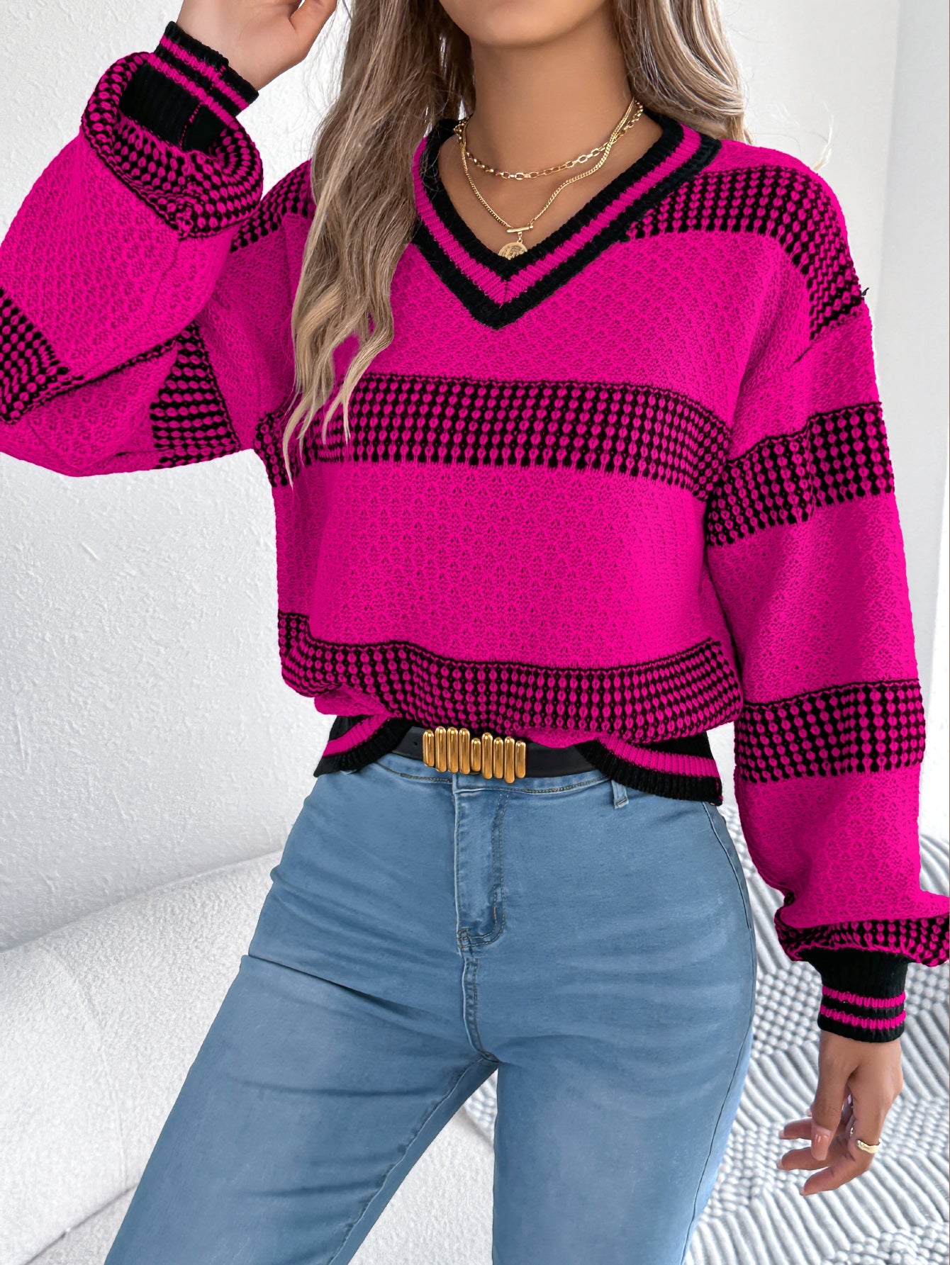 Women V-Neck Color Block Stripe Lantern Sleeve Pullover Sweater