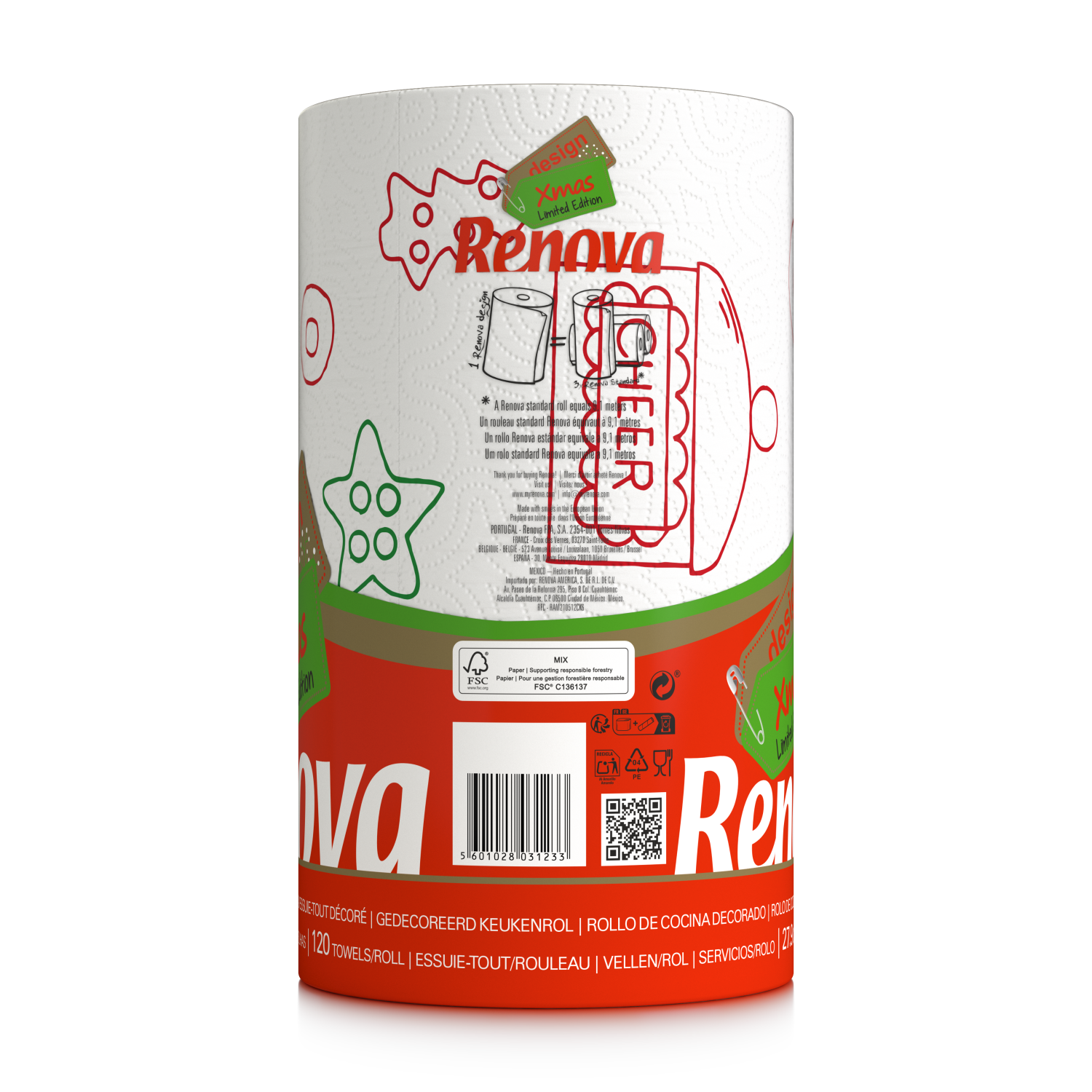Renova Festive Christmas Kitchen Roll 1 Roll Per Pack XXL Durable Holiday Paper Towels Decorative Designs 120 Sheets