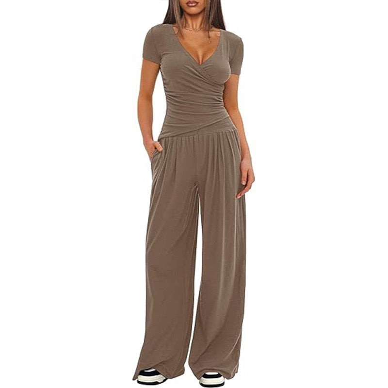 2 Pieces Women's V Neck Short-sleeve Sportswear Top And Wide-leg Pants Set Casual Comfortable Outfit Set For Daily Wear Gym Sports Outfit