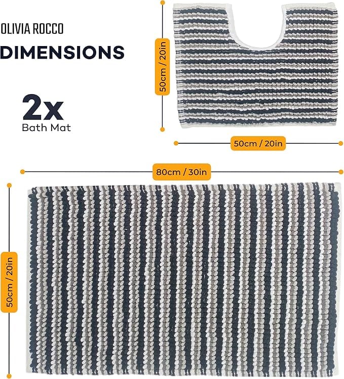 OLIVIA ROCCO Amalfi 2 Piece Bath Mat Set 100 Percent Cotton Jumbo Plush Absorbent Pedestal Bath Rug Modern Design For Bathroom Decor