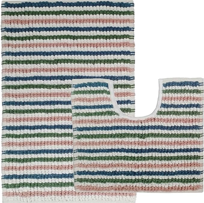 OLIVIA ROCCO Amalfi 2 Piece Bath Mat Set 100 Percent Cotton Jumbo Plush Absorbent Pedestal Bath Rug Modern Design For Bathroom Decor