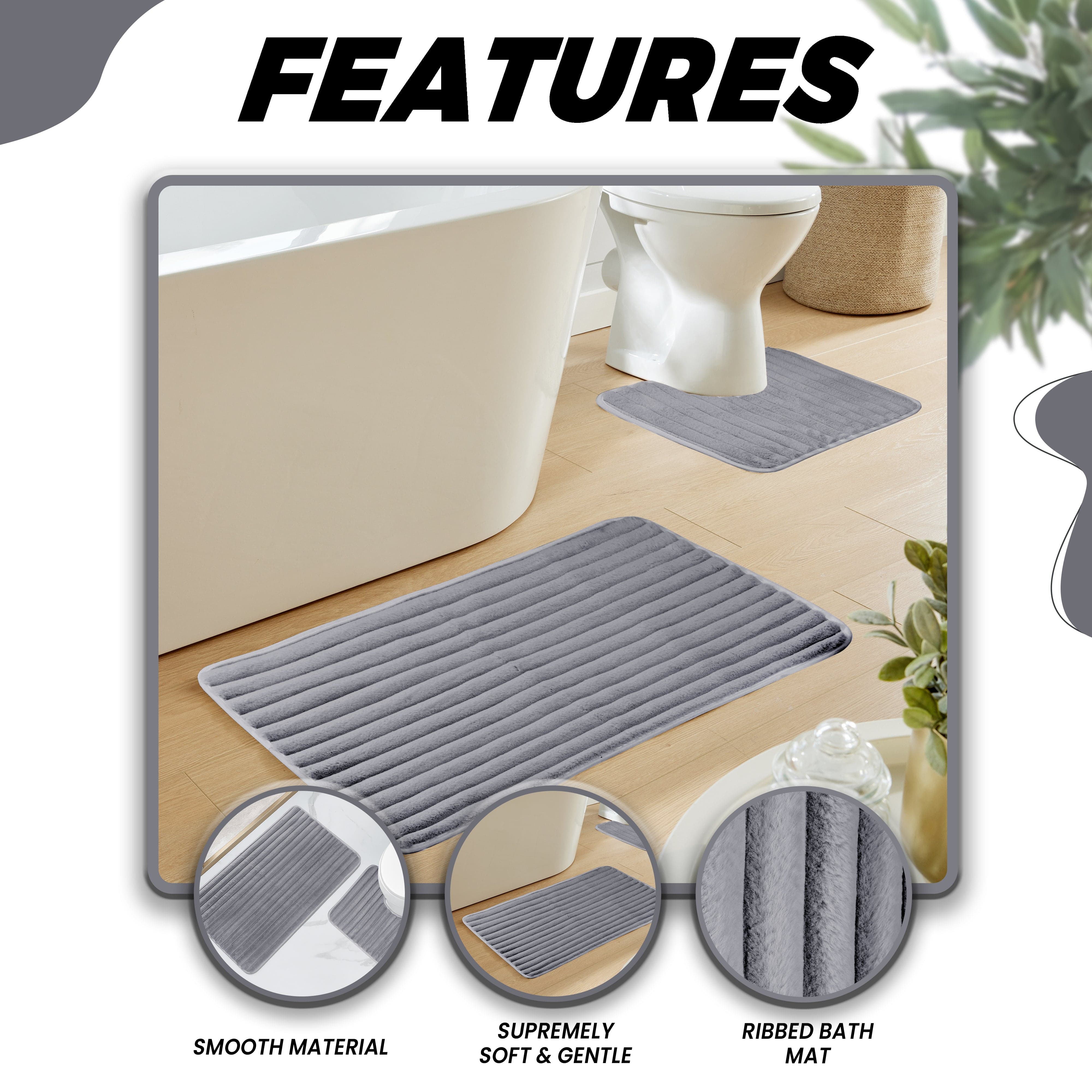 OLIVIA ROCCO 2 Piece Ribbed Bath Mat Set Charcoal Extra Soft Non Slip Super Absorbent Easy Care Rug For Bathroom And Toilet