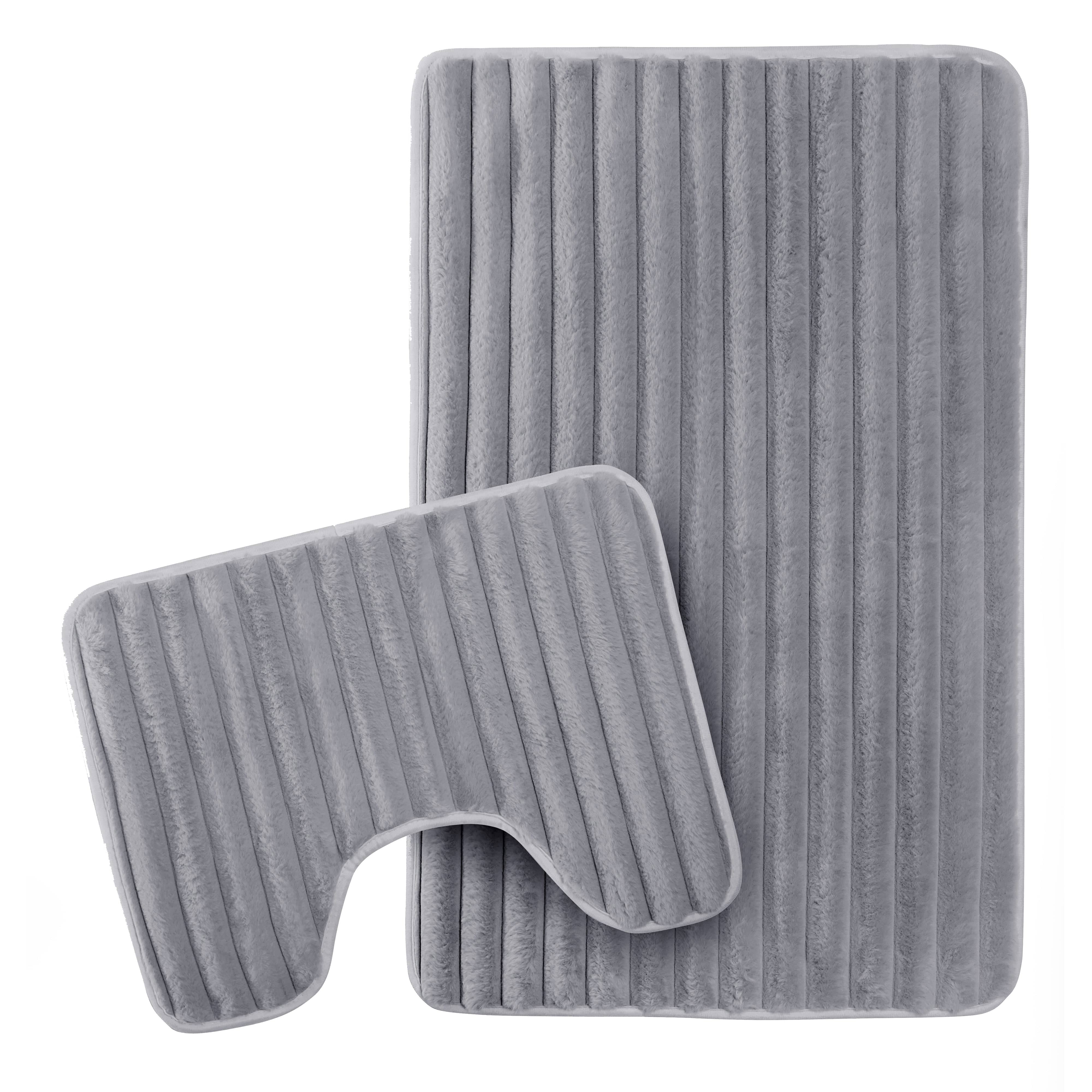 OLIVIA ROCCO 2 Piece Ribbed Bath Mat Set Charcoal Extra Soft Non Slip Super Absorbent Easy Care Rug For Bathroom And Toilet