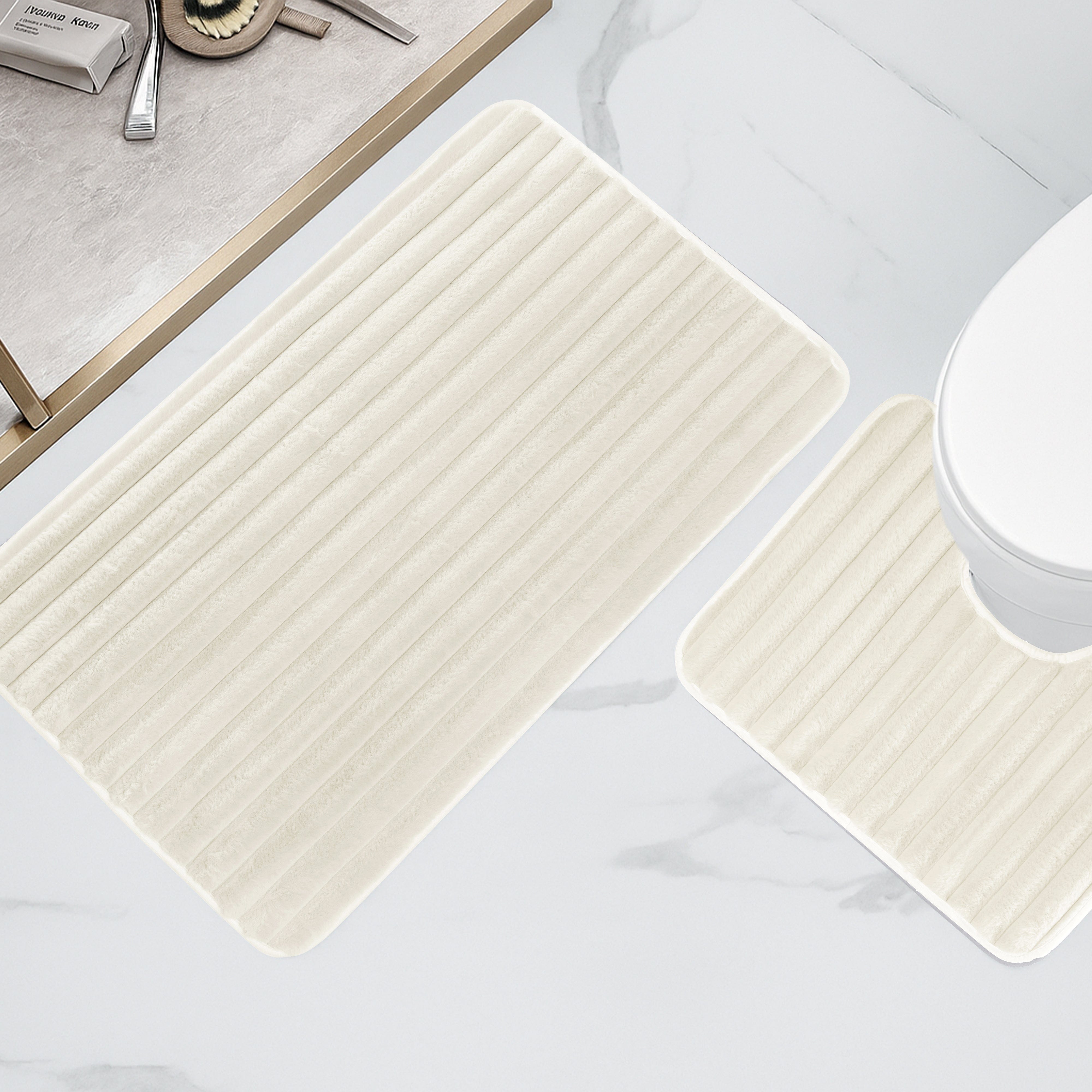OLIVIA ROCCO 2 Piece Ribbed Bath Mat Set Cream Extra Soft Non Slip Super Absorbent Easy Care Bathroom And Toilet Mats For Home Use