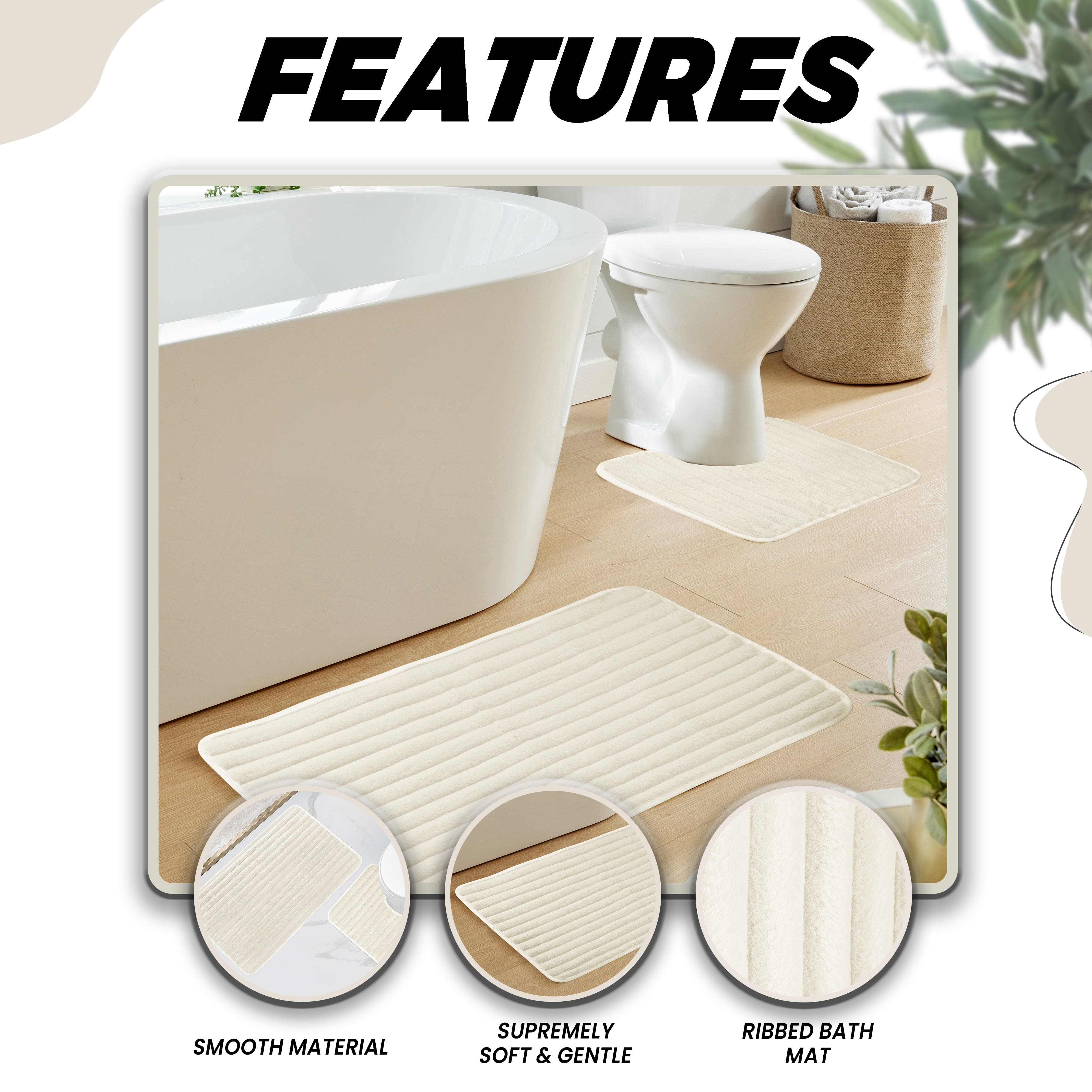 OLIVIA ROCCO 2 Piece Ribbed Bath Mat Set Cream Extra Soft Non Slip Super Absorbent Easy Care Bathroom And Toilet Mats For Home Use
