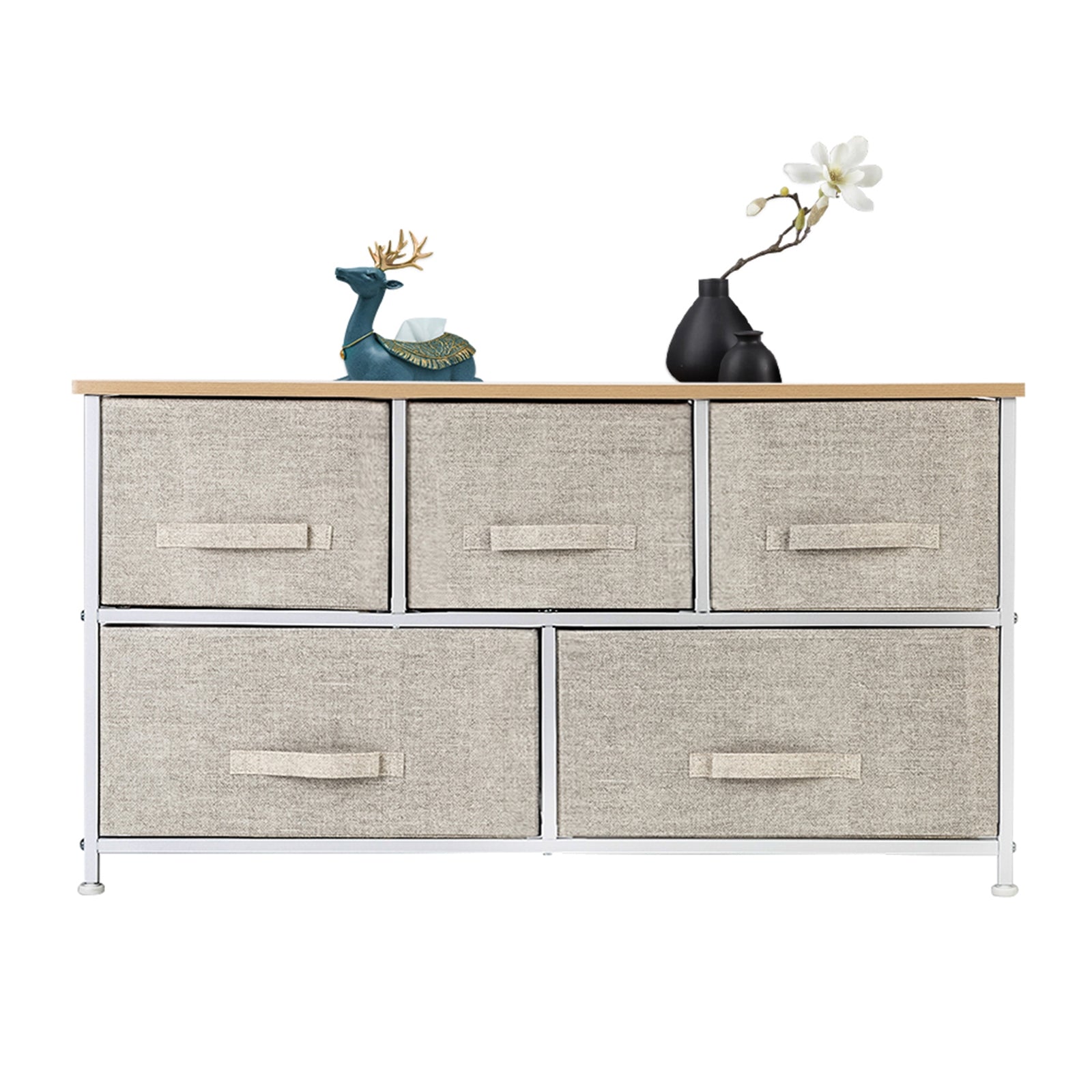 2-Tier Wide Closet Dresser, Nursery Dresser Tower With 5 Easy Pull Fabric Drawers And Metal Frame, Multi-Purpose Organizer Unit For Closets, Dorm Room, Living Room, Hallway, Linen/Natural