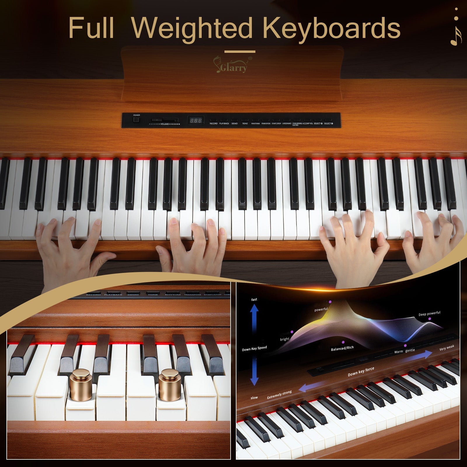 Glarry GDP-104 88 Keys Full Weighted Keyboards Digital Piano with Furniture Stand, Power Adapter, Triple Pedals, Headphone, for All Experience Levels Walnut