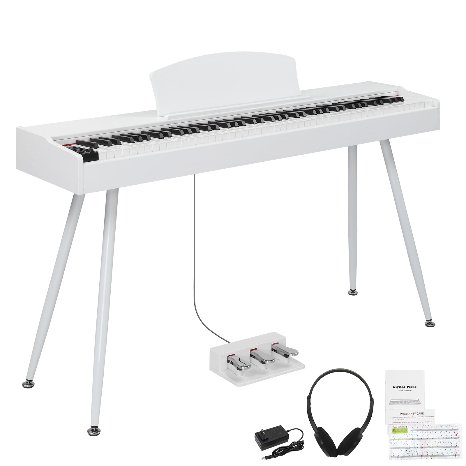 Glarry GDP-203 88 Key Standard Full Weighted Keyboards Digital Piano with Metal Stand, Power Adapter, Triple Pedals, Headphone，for All Experience Levels White Color