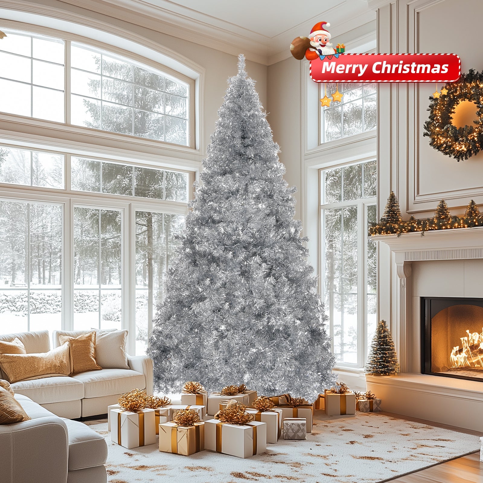 7 FT Artificial Christmas Tree, Unlit Christmas Pine Tree with 1150 Branch Tips and Sturdy Metal Stand for Office Home Store Party Holiday Decor, Silver