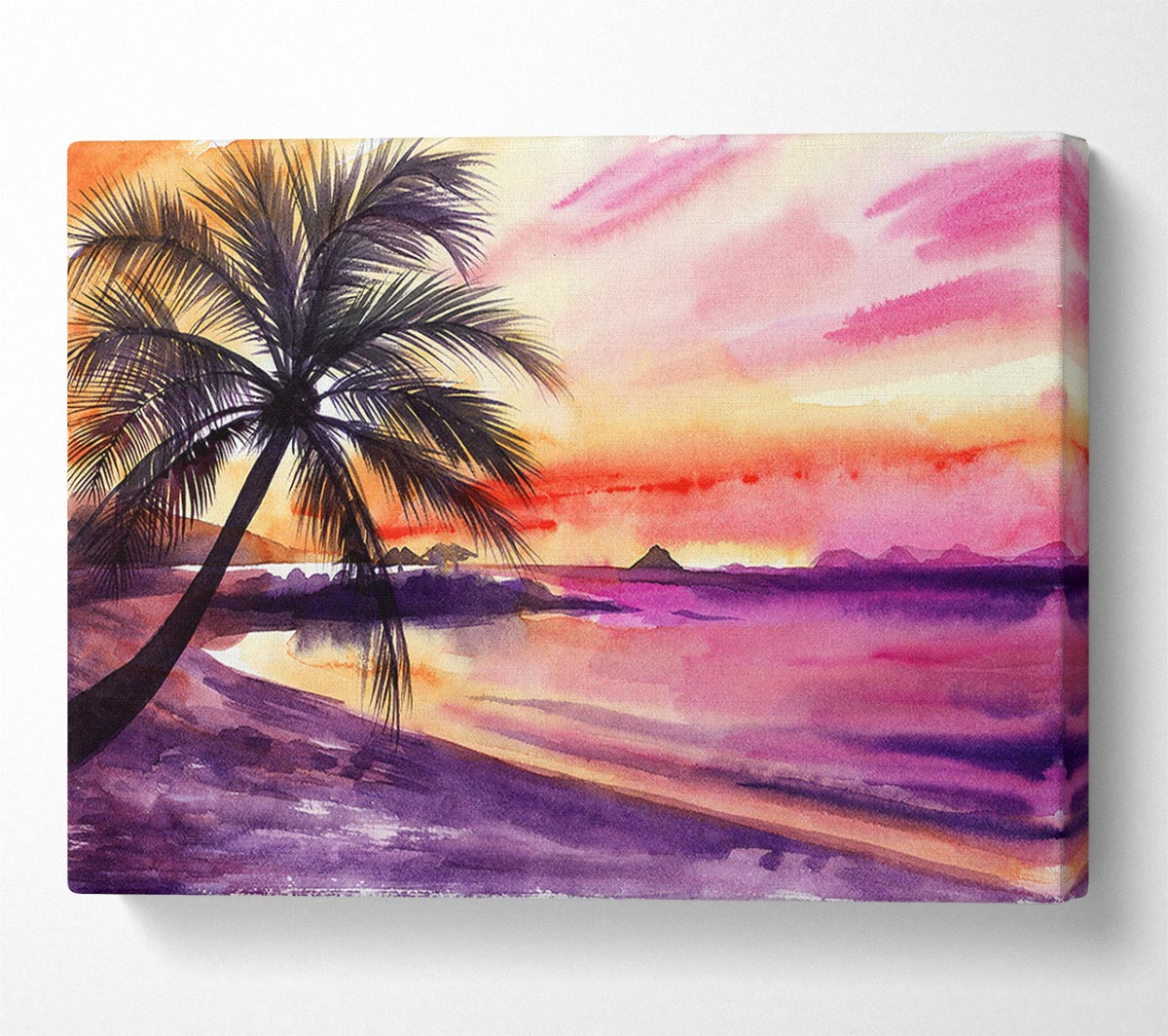 Watercolour Purple Palm Tree Ocean Canvas Wall Art