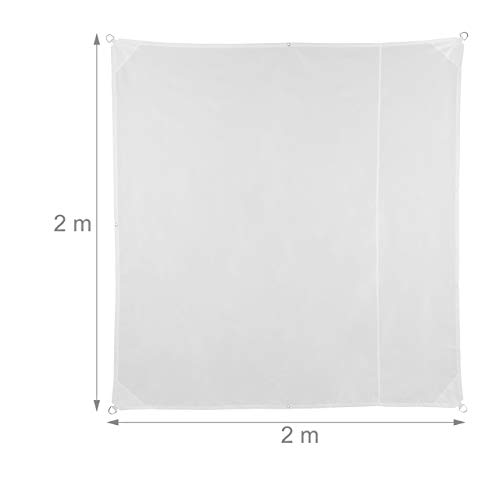 Relaxdays Shade Sail, Square, Water-Repellent, UV-Protection with Tethers, Balcony Canopy, WxD: 2 x 2m, White