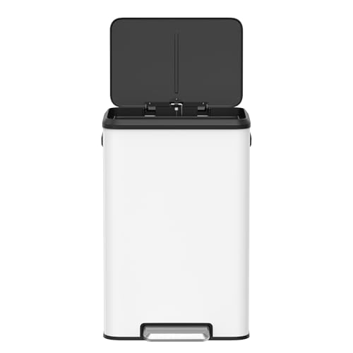 Songmics Kitchen Bin, 40L Pedal Bin with Lid, Rubbish Bin for Waste, Soft Close and Stays Open, Wide Pedal, White LTB541W4002