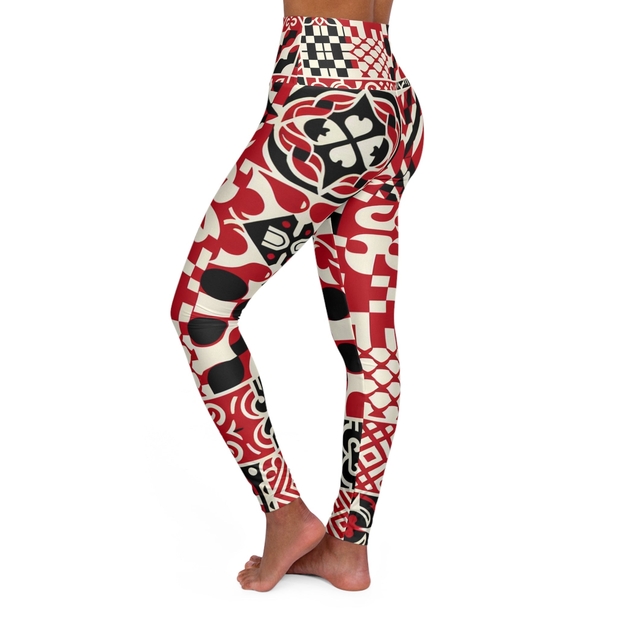 High-Waisted Red Checkerboard Yoga Leggings with Modern Block Print Design
