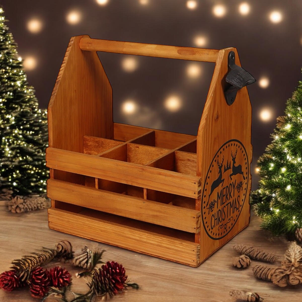 WOODEN 6 BOTTLE HOLDER WITH METAL OPENER