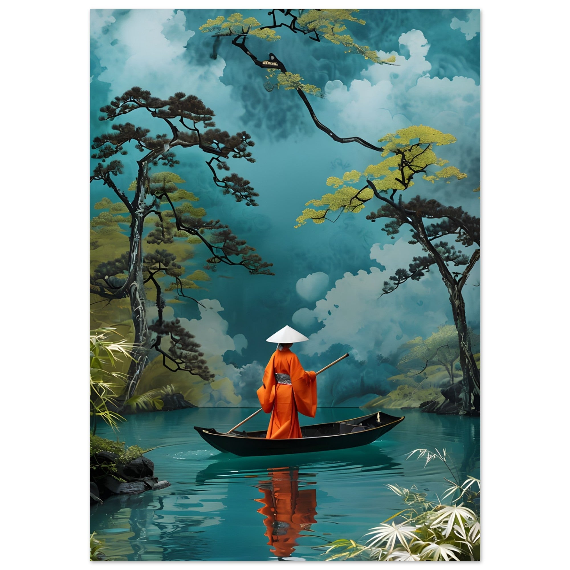 Serene Kimono Art Print – Traditional Japanese Poster | Turquoise Water Design