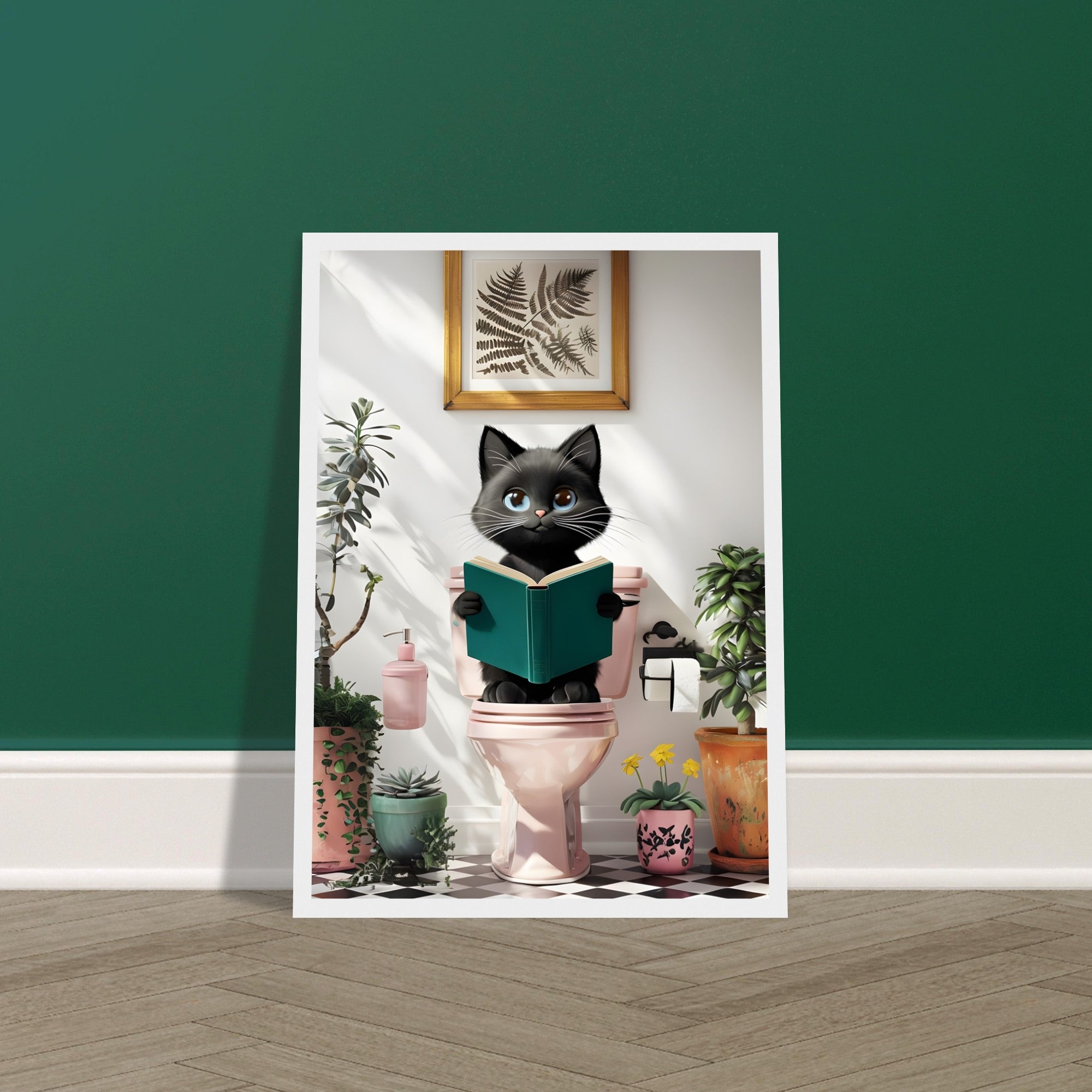 Framed Black Cat Poster – Quirky Bathroom Art with a Humorous Twist