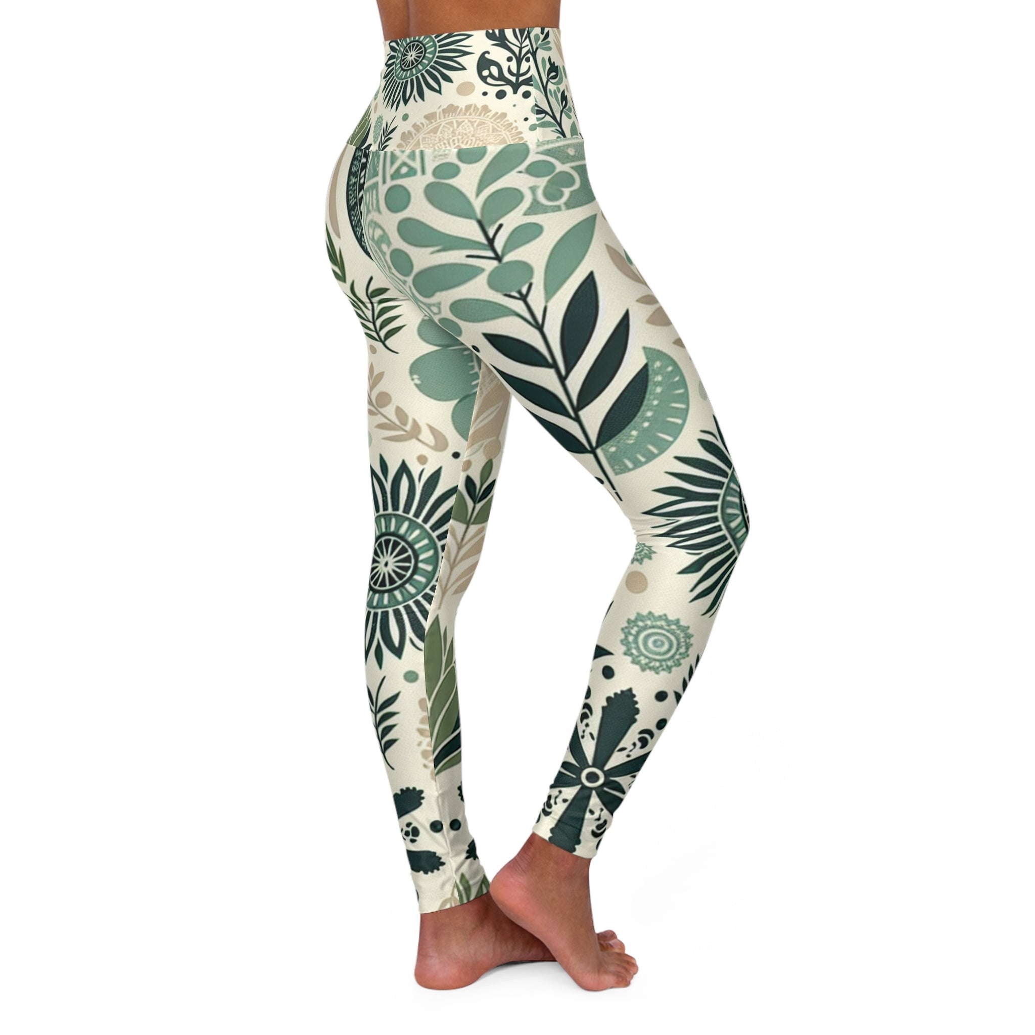 Leilani Beaumont High-Waisted Yoga Leggings - Chic Pastel Green Block Prints & Organic Shapes
