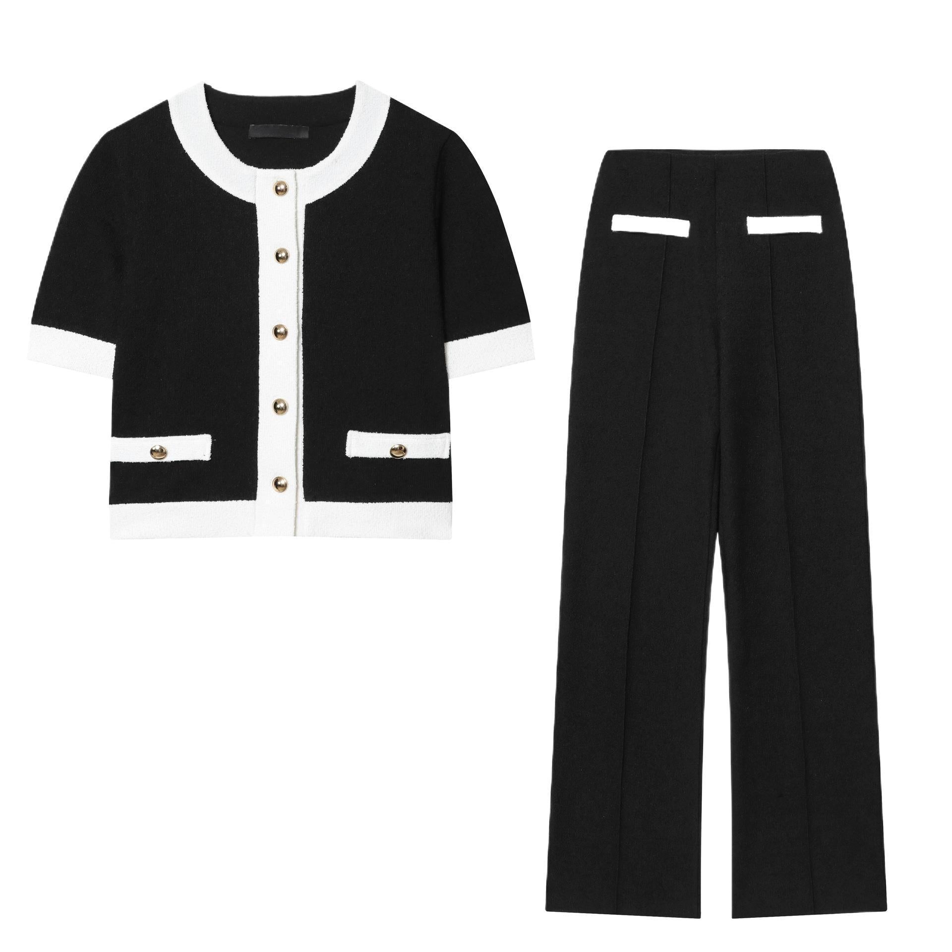 Contrast Color Beaded Leather Round Neck Top Stretch High-waisted Trousers Suit