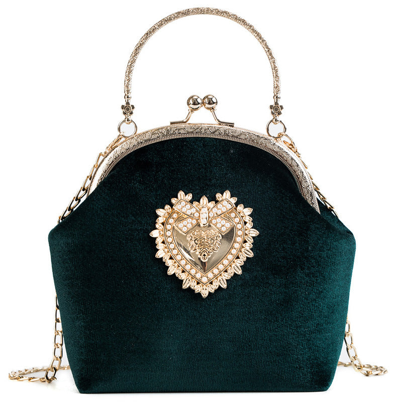 Personalized hand pocket retro gold velvet shell bag with diamonds