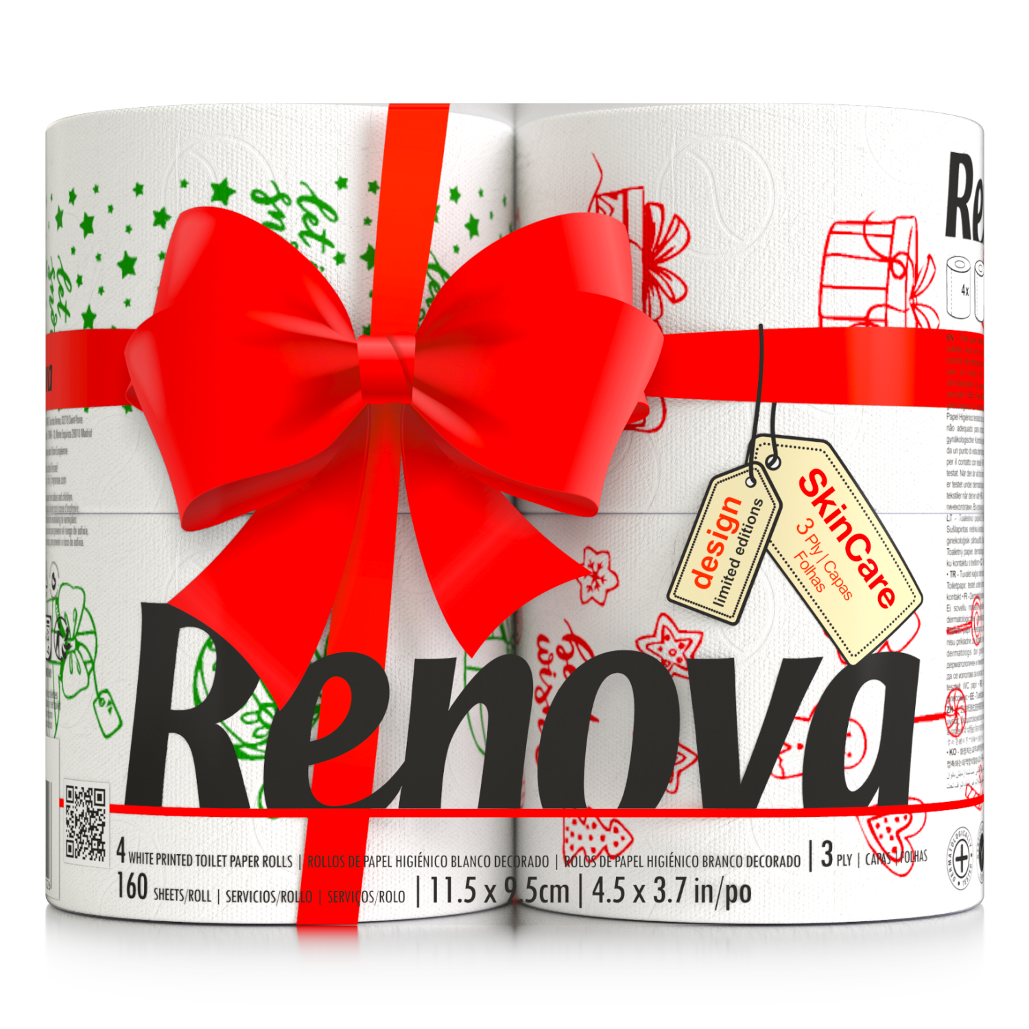 Renova Festive Christmas Toilet Rolls – Soft & Absorbent Holiday Tissue with Unique Illustrations | 4-Pack | 160 Sheets Per Roll