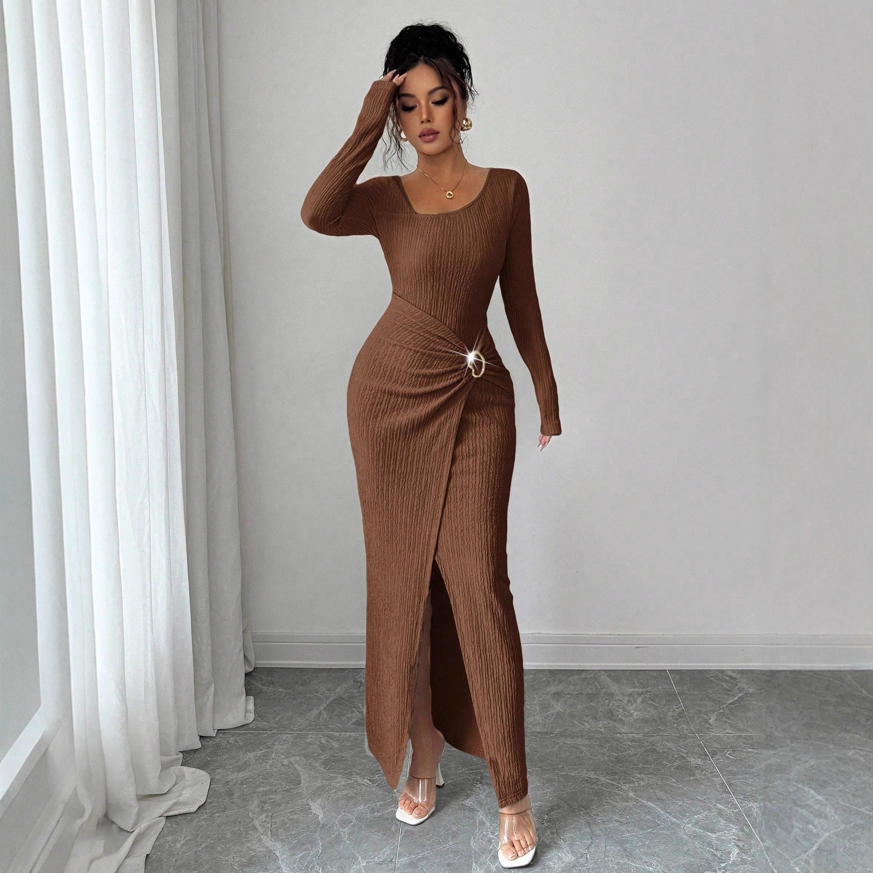 Autumn And Winter Irregular Neckline Solid Color Knitted Texture Long Dress For Women