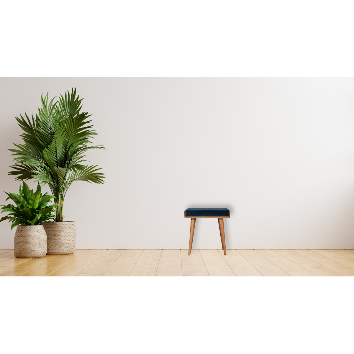 Artisan Furniture Solid Mango Wood Teal Velvet Tray Style Footstool