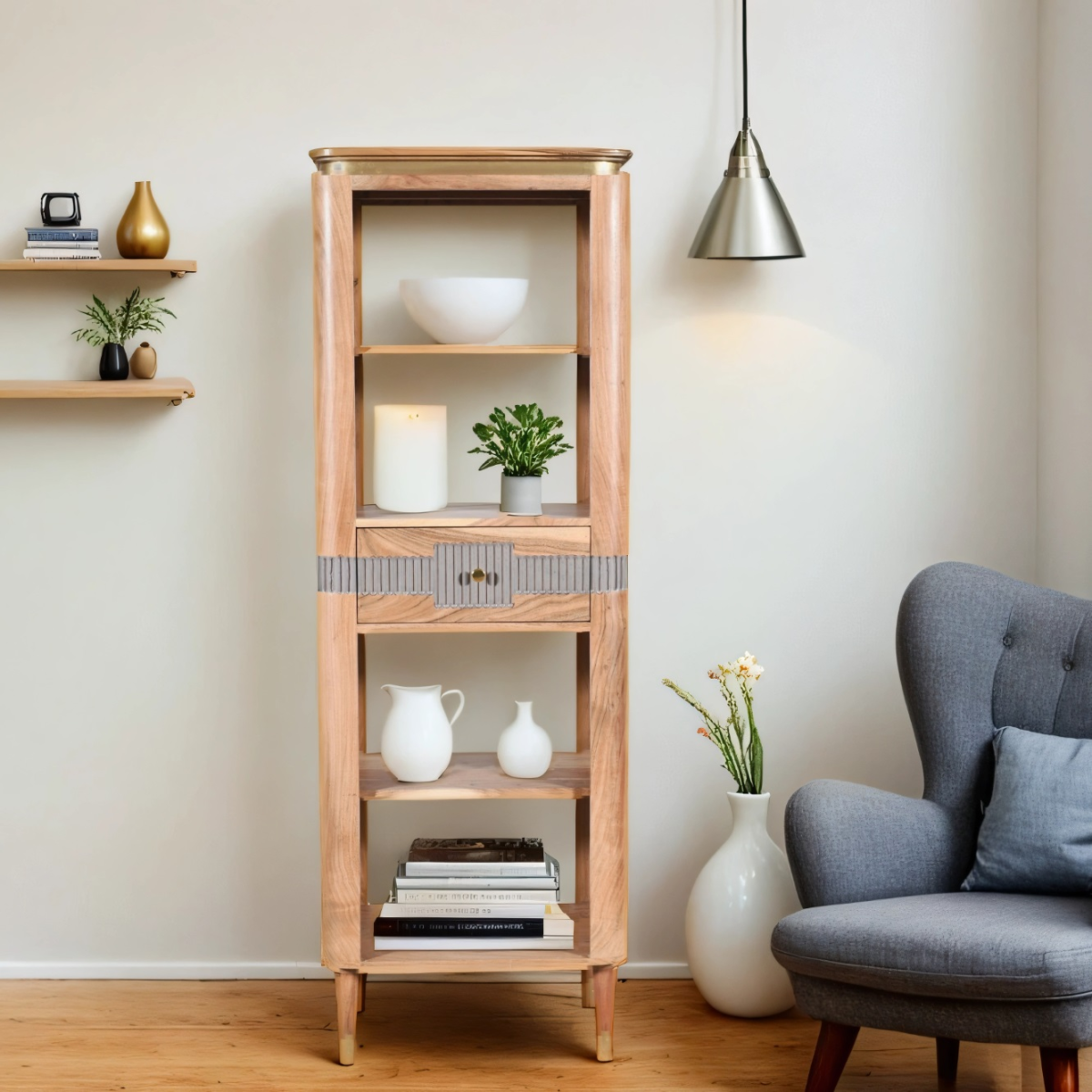 Wilton Acacia Wood Slim Bookcase With 1 Drawers