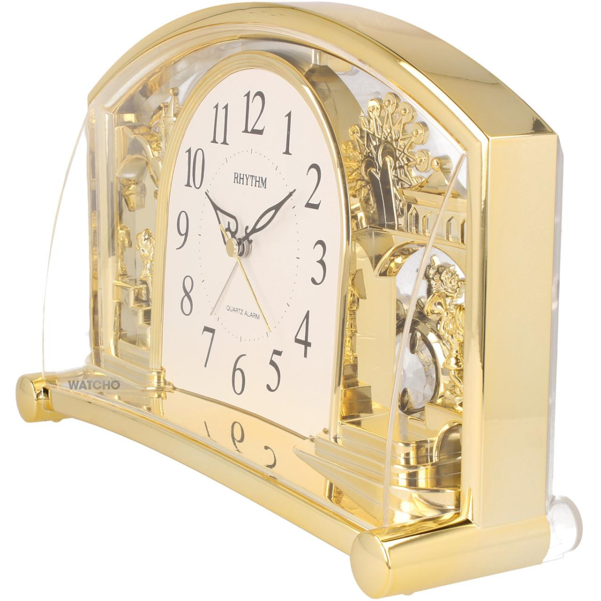 Rhythm Alarm Mantel Clock with Rotating Swarovski Crystal Pendulum Gilt