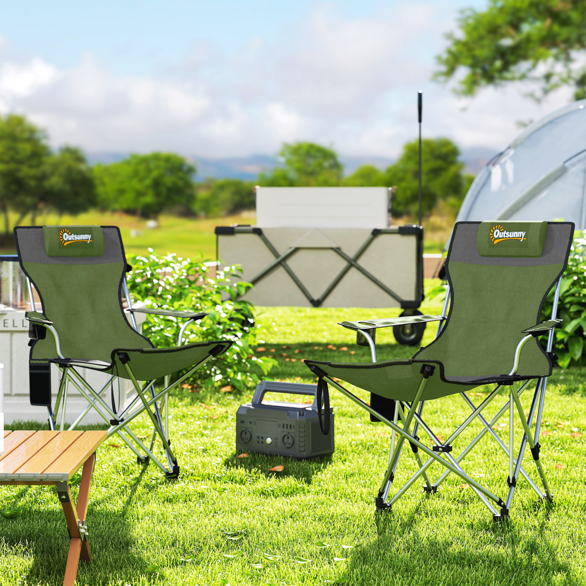 Outsunny Set of 2 Reclining Camping Chairs, Olive Green and Grey